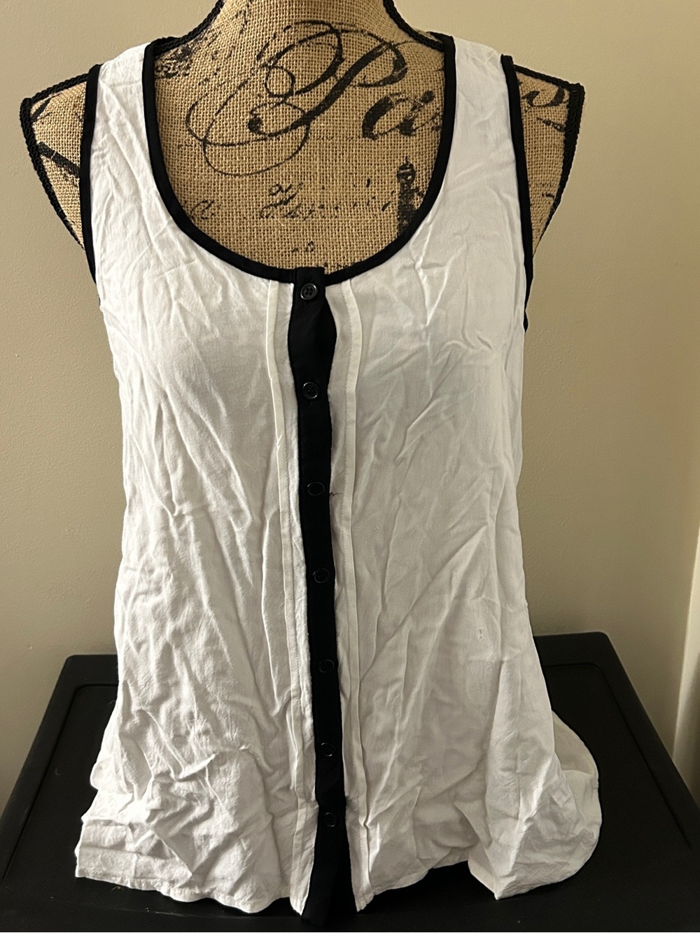 Spense Women’s White Tank Top Blouse with Black Trim - Button Front